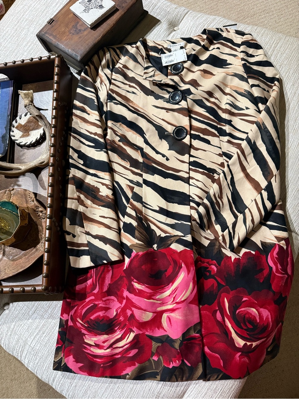 Harold's Beige Black Brown Animal Print Blazer with Red Floral Hem Mob wife